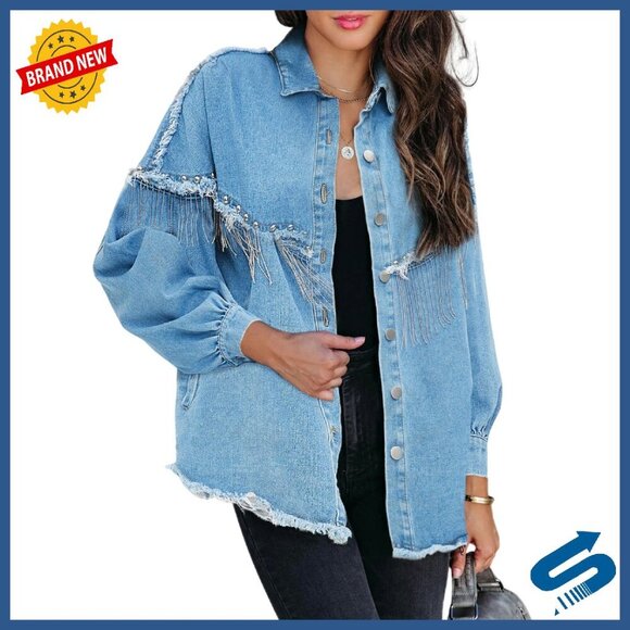 Jackets & Blazers - Oversized Fringe Denim Jacket Western Cowgirl Sparkly Tassel